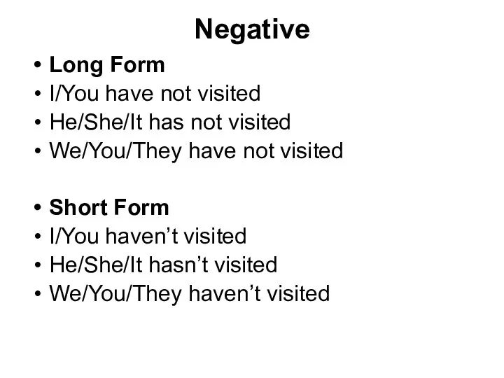 Negative Long Form I/You have not visited He/She/It has not visited