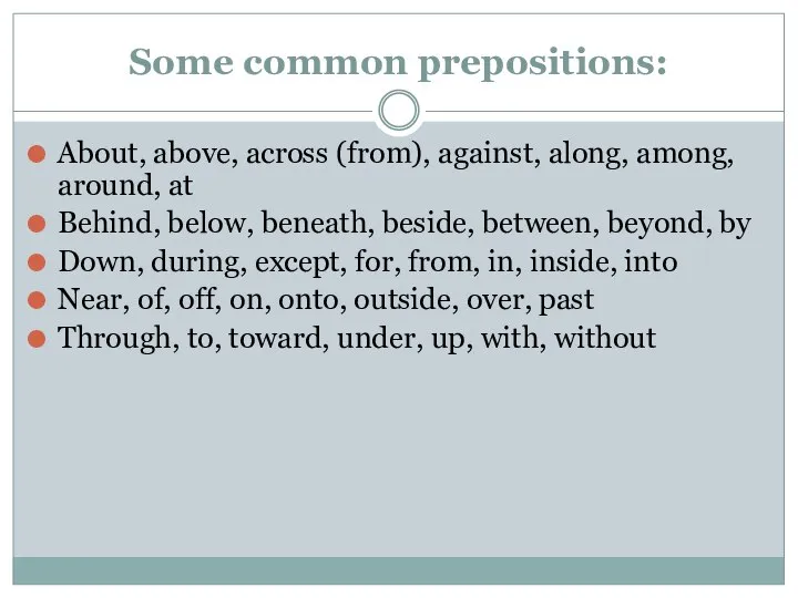 Some common prepositions: About, above, across (from), against, along, among, around,