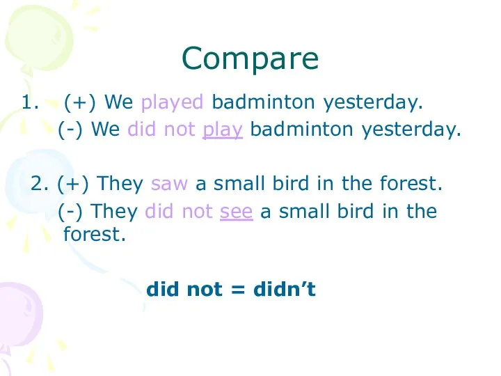 Compare (+) We played badminton yesterday. (-) We did not play