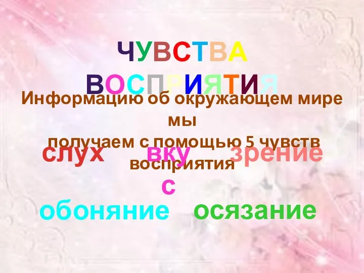 ЧУВСТВА ВОСПРИЯТИЯ Информацию об окружающем мире мы получаем с помощью 5