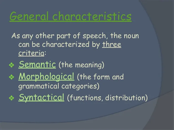 General characteristics As any other part of speech, the noun can