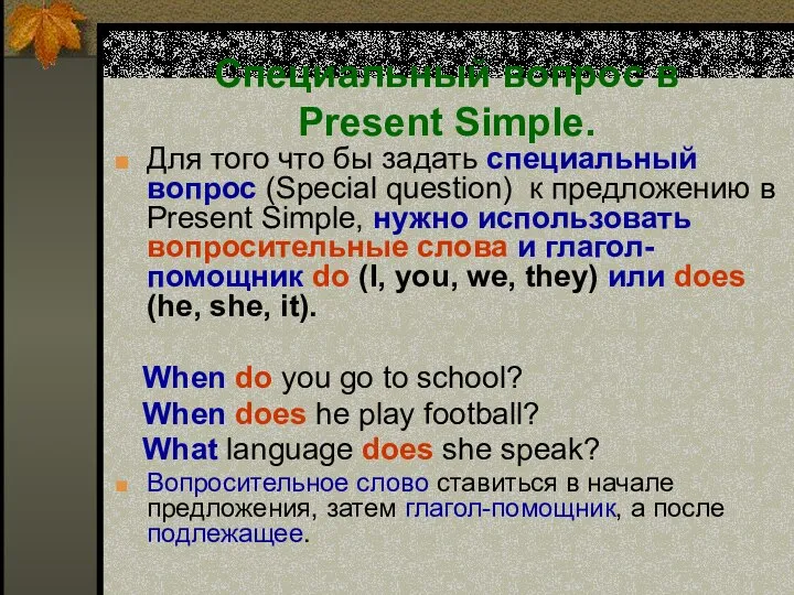 Специальный вопрос в Present Simple. Для того что бы задать специальный