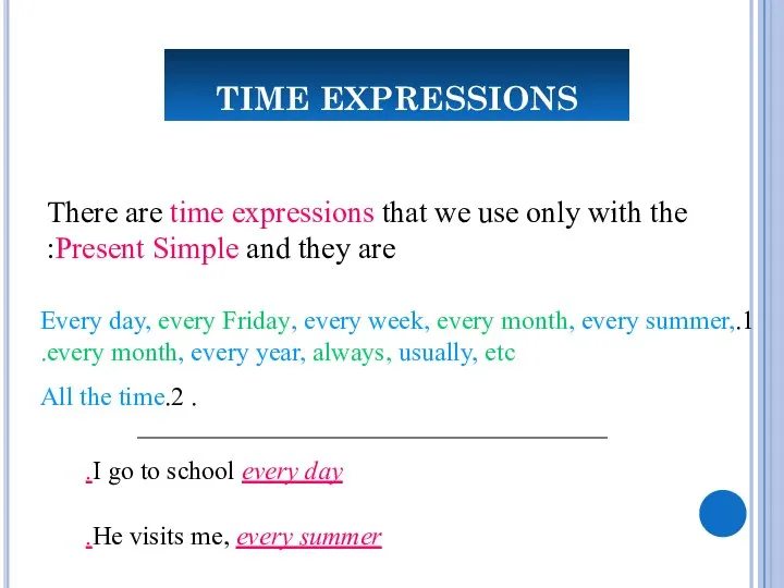 TIME EXPRESSIONS 1.Every day, every Friday, every week, every month, every