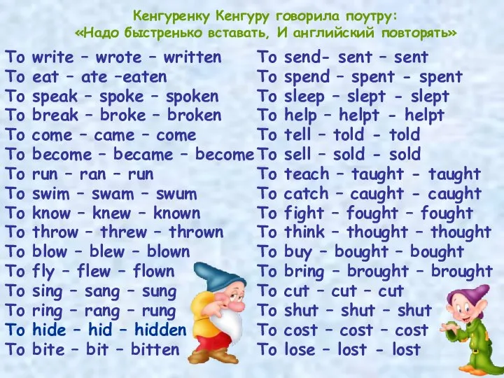 Кенгуренку Кенгуру говорила поутру: «Надо быстренько вставать, И английский повторять» To