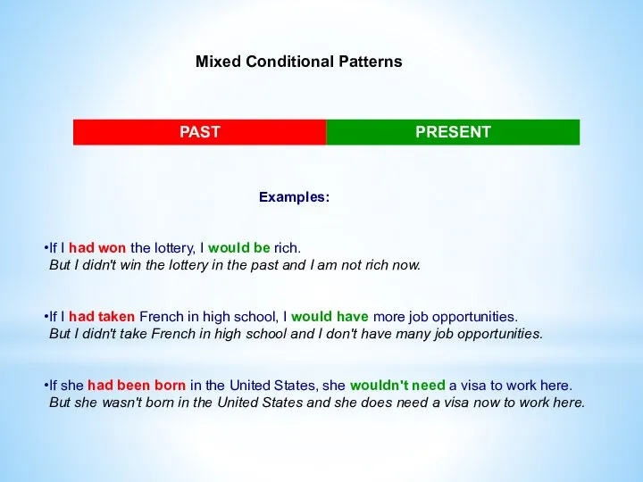 Mixed Conditional Patterns Examples: If I had won the lottery, I