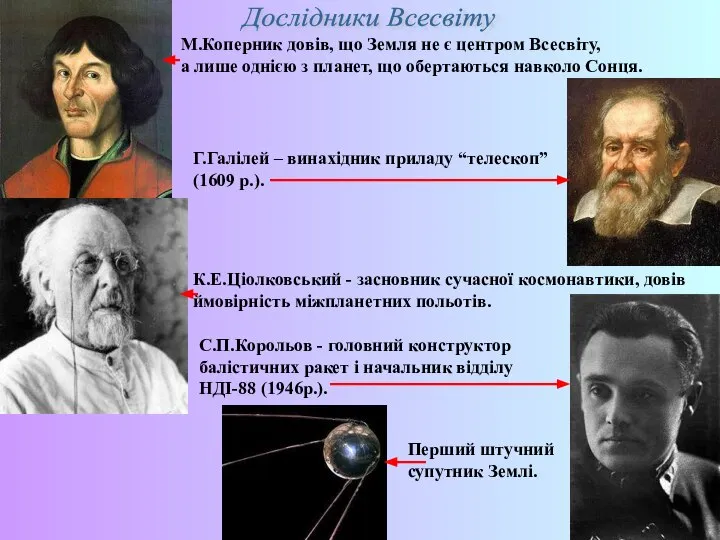 Дослідники Всесвіту М.Коперник довів, що Земля не є центром Всесвіту, а