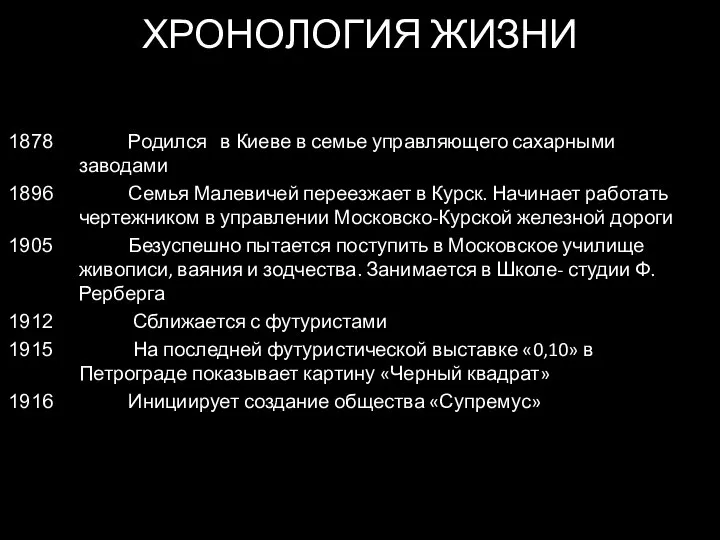 ХРОНОЛОГИЯ ЖИЗНИ Родился в Киеве в семье управляющего сахарными заводами Семья