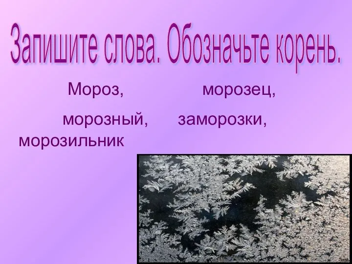 Запишите слова. Обозначьте корень. Мороз, морозец, морозный, заморозки, морозильник