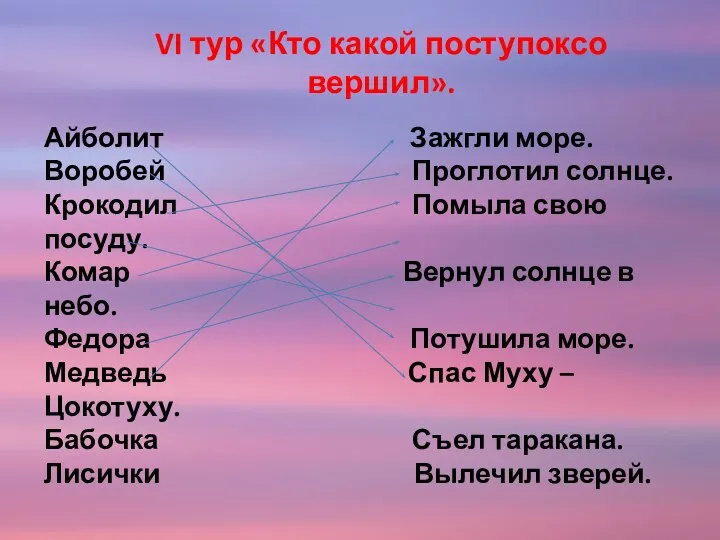 VI тур «Кто какой поступоксо вершил». Айболит Зажгли море. Воробей Проглотил