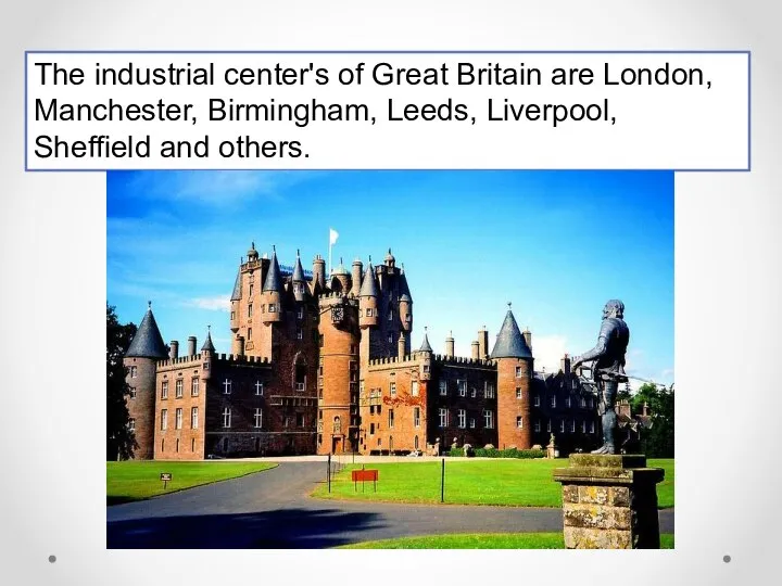 The industrial center's of Great Britain are London, Manchester, Birmingham, Leeds, Liverpool, Sheffield and others.