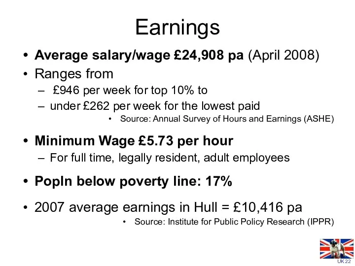 Earnings Average salary/wage £24,908 pa (April 2008) Ranges from £946 per