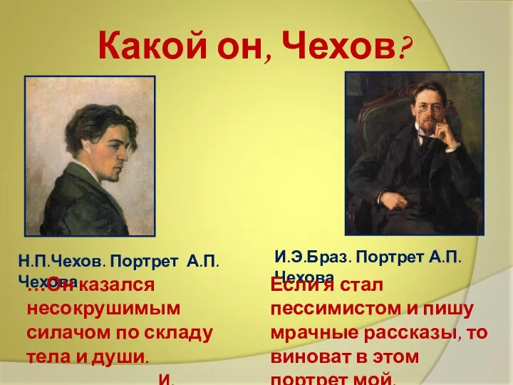 Какой он, Чехов? Н.П.Чехов. Портрет А.П.Чехова И.Э.Браз. Портрет А.П.Чехова …Он казался