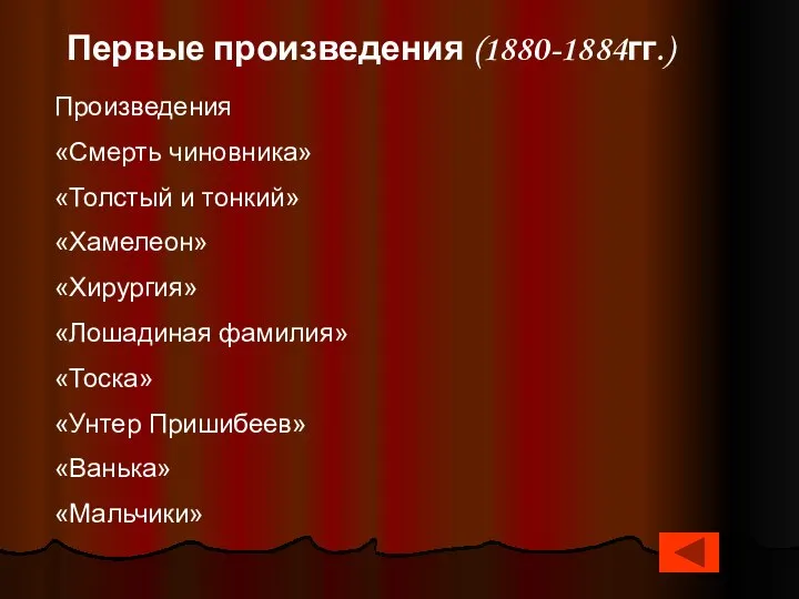 Первые произведения (1880-1884гг.) Произведения «Смерть чиновника» «Толстый и тонкий» «Хамелеон» «Хирургия»