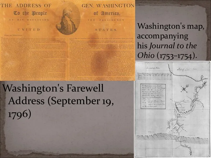 Washington's Farewell Address (September 19, 1796) Washington's map, accompanying his Journal to the Ohio (1753–1754).