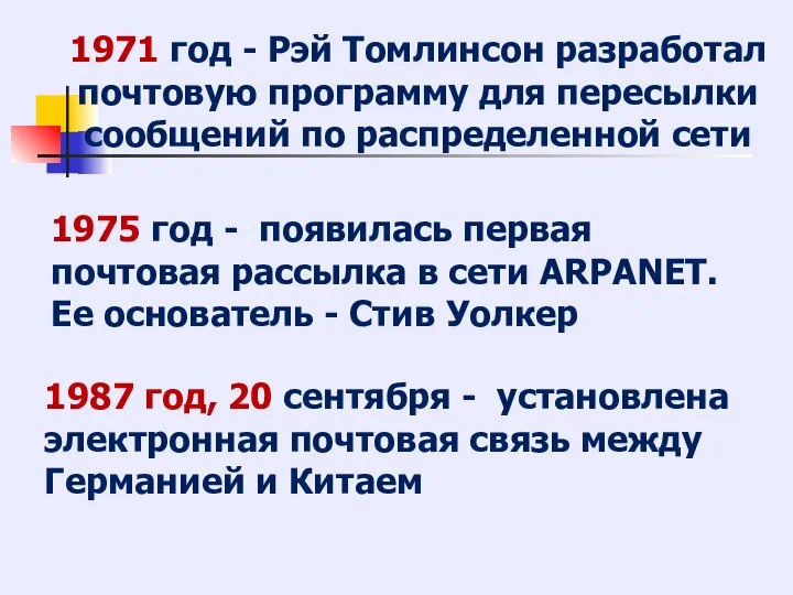 1971 год - Рэй Томлинсон разработал почтовую программу для пересылки сообщений