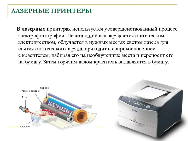 ЛАЗЕРНЫЕ ПРИНТЕРЫ В лазерных принтерах используется усовершенствованный процесс электрофотографии. Печатающий вал