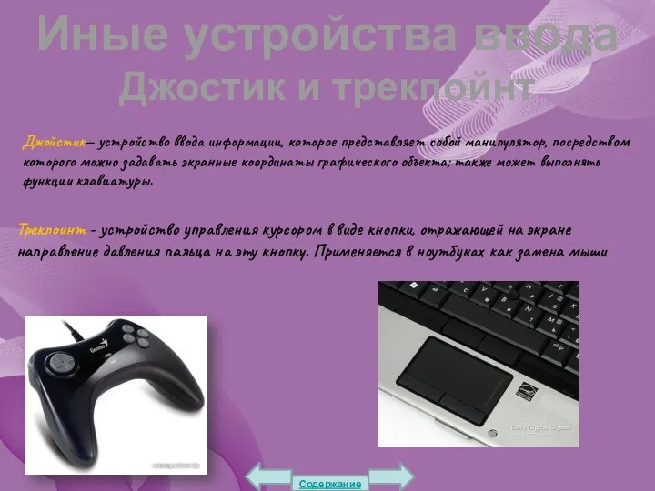 Иные устройства ввода Джостик и трекпойнт Джойстик— устройство ввода информации, которое