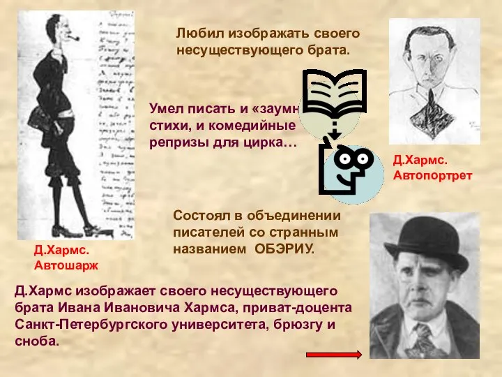 Д.Хармс изображает своего несуществующего брата Ивана Ивановича Хармса, приват-доцента Санкт-Петербургского университета,