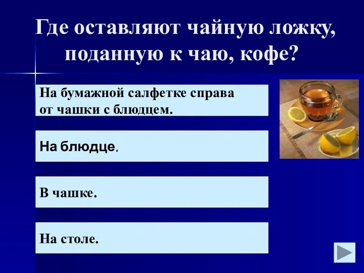 Где оставляют чайную ложку, поданную к чаю, кофе? На бумажной салфетке