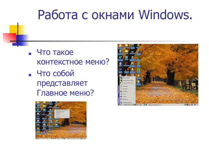 Работа с окнами Windows. Что такое контекстное меню? Что собой представляет Главное меню?