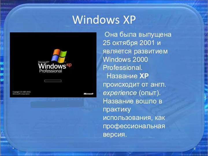 Windows XP * Она была выпущена 25 октября 2001 и является