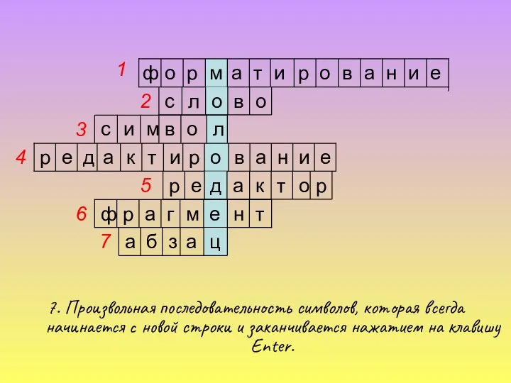 7. Произвольная последовательность символов, которая всегда начинается с новой строки и