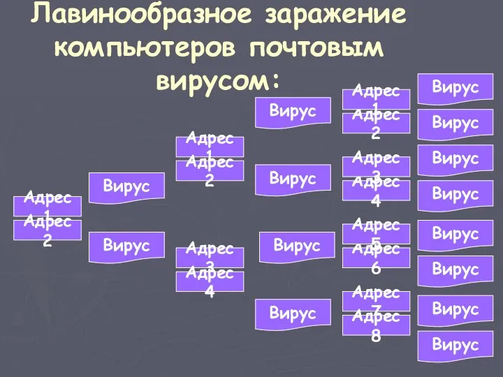 Лавинообразное заражение компьютеров почтовым вирусом: Адрес1 Адрес2 Адрес3 Адрес4 Адрес1 Адрес2