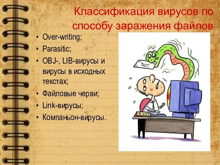 Классификация вирусов по способу заражения файлов Over-writing; Parasitic; OBJ-, LIB-вирусы и