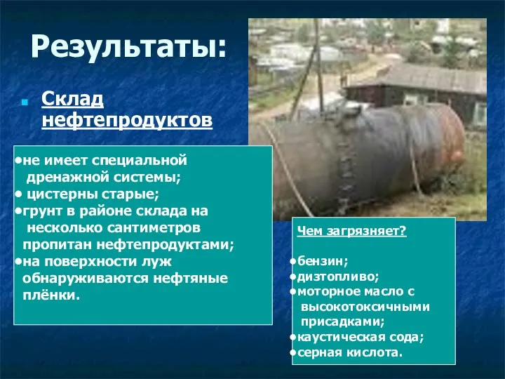 Результаты: Склад нефтепродуктов не имеет специальной дренажной системы; цистерны старые; грунт