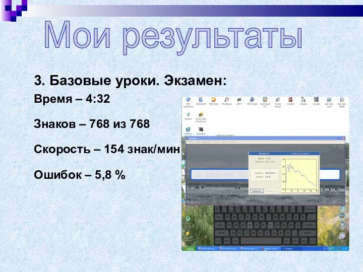 3. Базовые уроки. Экзамен: Время – 4:32 Знаков – 768 из