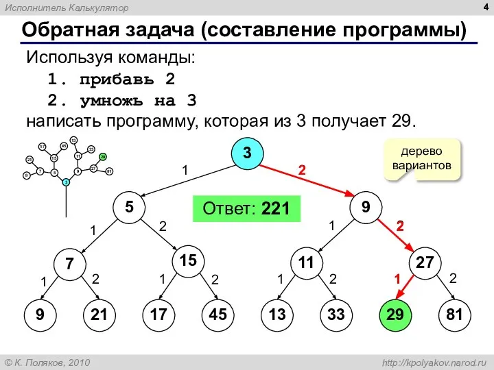 Обратная задача (составление программы) Используя команды: 1. прибавь 2 2. умножь