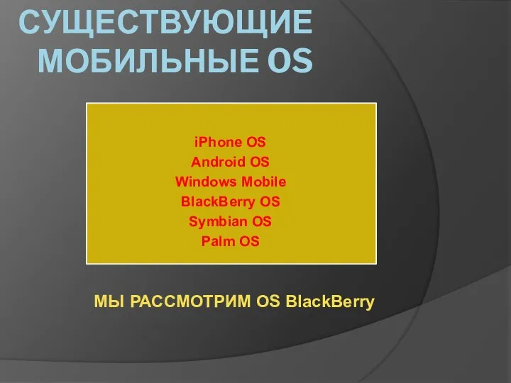 Существующие Мобильные OS iPhone OS Android OS Windows Mobile BlackBerry OS