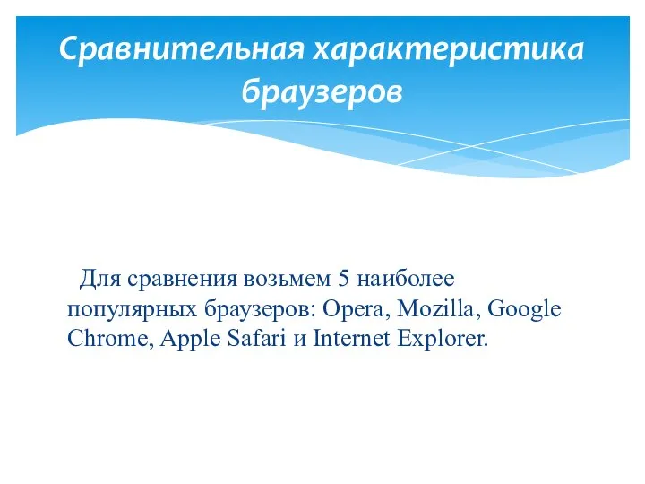 Для сравнения возьмем 5 наиболее популярных браузеров: Opera, Mozilla, Google Chrome,