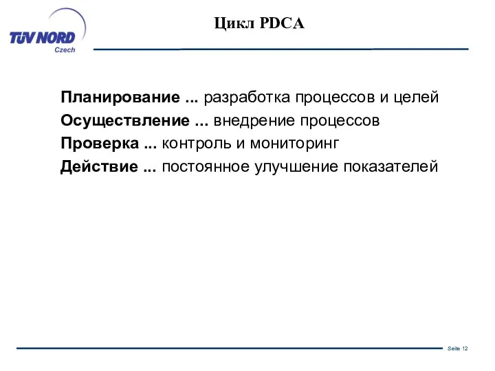 Цикл PDCA Планирование ... разработка процессов и целей Осуществление ... внедрение