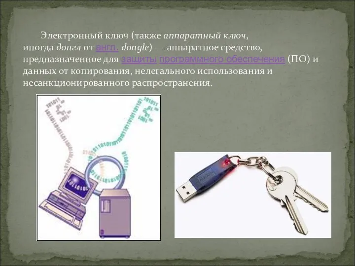 Электронный ключ (также аппаратный ключ, иногда донгл от англ. dongle) —