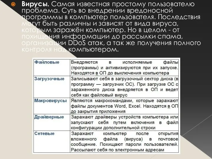 Вирусы. Самая известная простому пользователю проблема. Суть во внедрении вредоносной программы