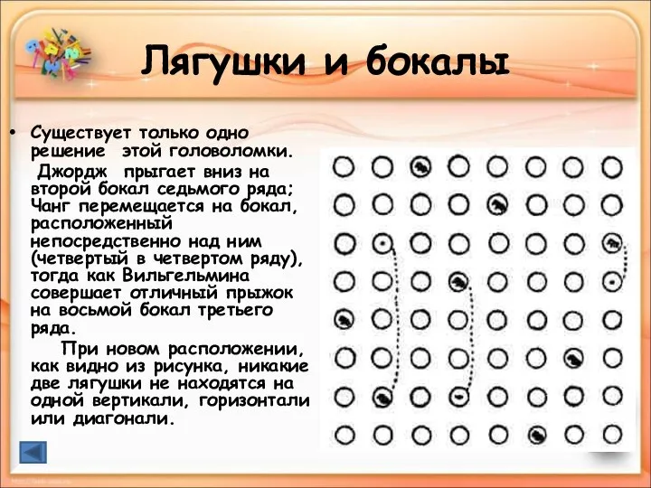 Лягушки и бокалы Существует только одно решение этой головоломки. Джордж прыгает