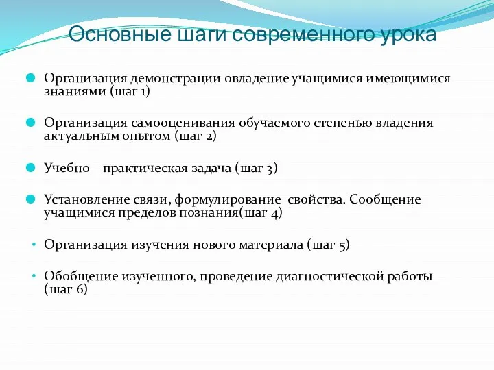 Основные шаги современного урока Организация демонстрации овладение учащимися имеющимися знаниями (шаг