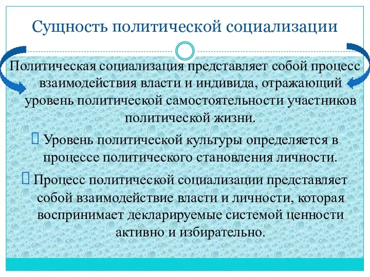 Сущность политической социализации Политическая социализация представляет собой процесс взаимодействия власти и