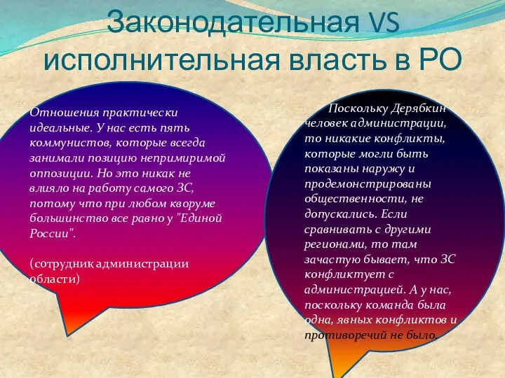 Законодательная VS исполнительная власть в РО Отношения практически идеальные. У нас