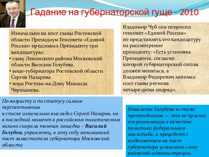 Гадание на губернаторской гуще - 2010 Изначально на пост главы Ростовской