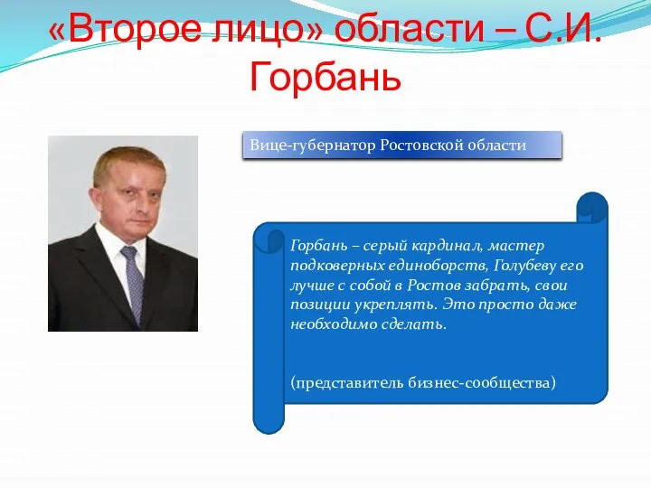 «Второе лицо» области – С.И. Горбань Вице-губернатор Ростовской области Горбань –