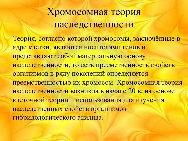 Хромосомная теория наследственности Теория, согласно которой хромосомы, заключённые в ядре клетки,