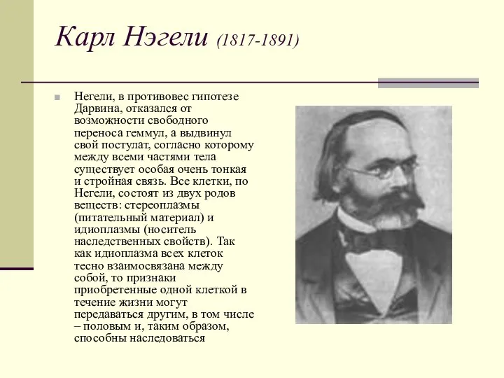 Карл Нэгели (1817-1891) Негели, в противовес гипотезе Дарвина, отказался от возможности