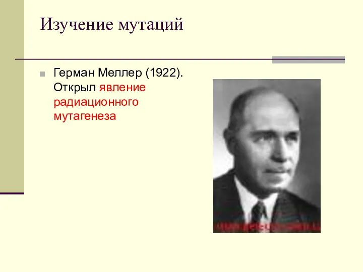 Изучение мутаций Герман Меллер (1922). Открыл явление радиационного мутагенеза