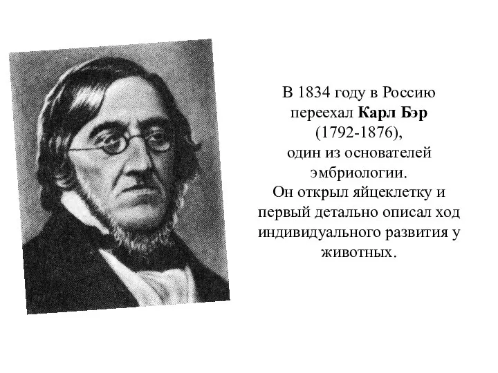 В 1834 году в Россию переехал Карл Бэр (1792-1876), один из