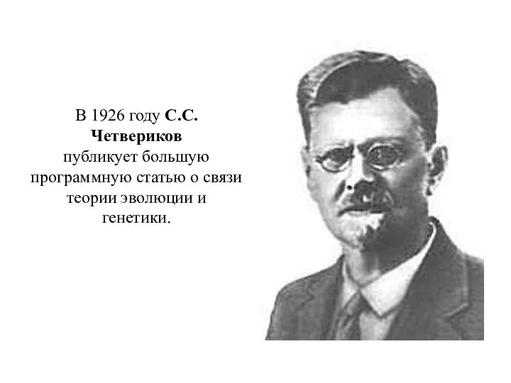 В 1926 году С.С.Четвериков публикует большую программную статью о связи теории эволюции и генетики.