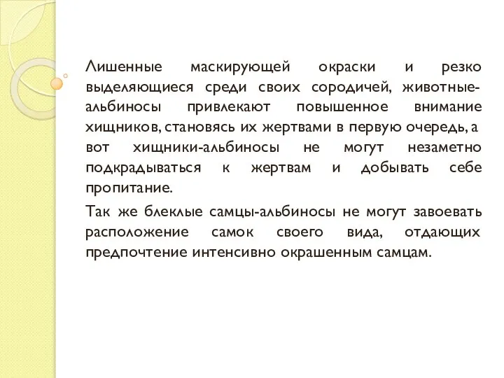 Лишенные маскирующей окраски и резко выделяющиеся среди своих сородичей, животные-альбиносы привлекают