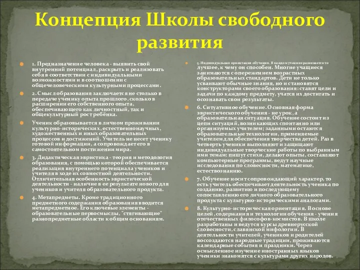 Концепция Школы свободного развития 1. Предназначение человека - выявить свой внутренний