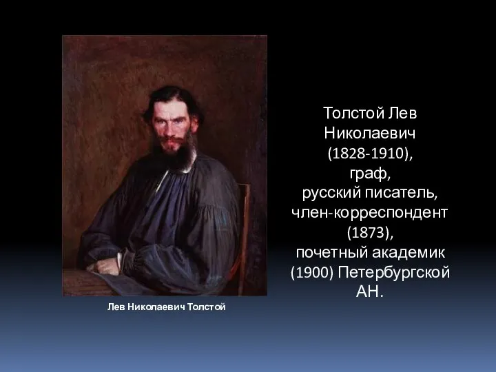 Толстой Лев Николаевич (1828-1910), граф, русский писатель, член-корреспондент (1873), почетный академик